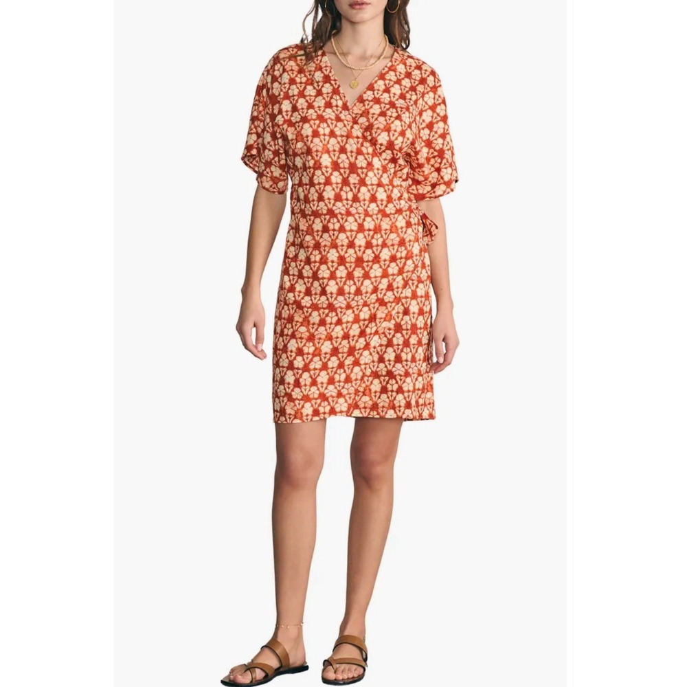 NWT Faherty Dress SMALL Willow‎ Spiced Shibori Wrap Tie Orange Brown LINEN Blend
